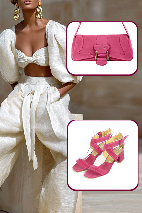 Women's fuchsia pink elegant fully open cross straps sandals. Square toe. Low flare heels - Worn view